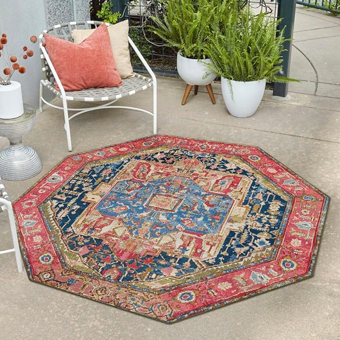 Unique Loom Outdoor Traditional Collection Area Rug - Limon (7' 1" Octagon Multi/Red)