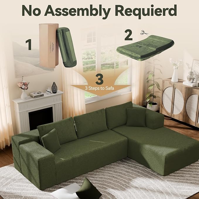 Cloud Wool Modular Sectional Sofa with Chaise, 106" L-Shaped Sofa Couch for Living Room, Deep Seat Plush Boneless Couches, Includes Pillows, Left Chaise, Green