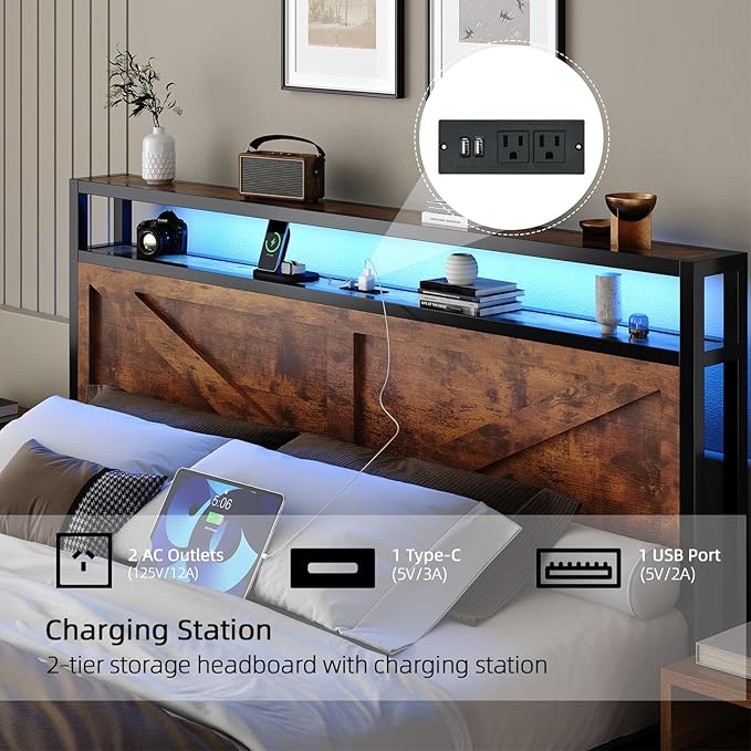 Full Size Bed Frame with LED Lights and Charging Station, Metal Platform Bed Frame Full with Storage and Rustic Barn Door Headboard, Noise Free, No Box Spring Needed, Easy Assembly, Rustic Brown
