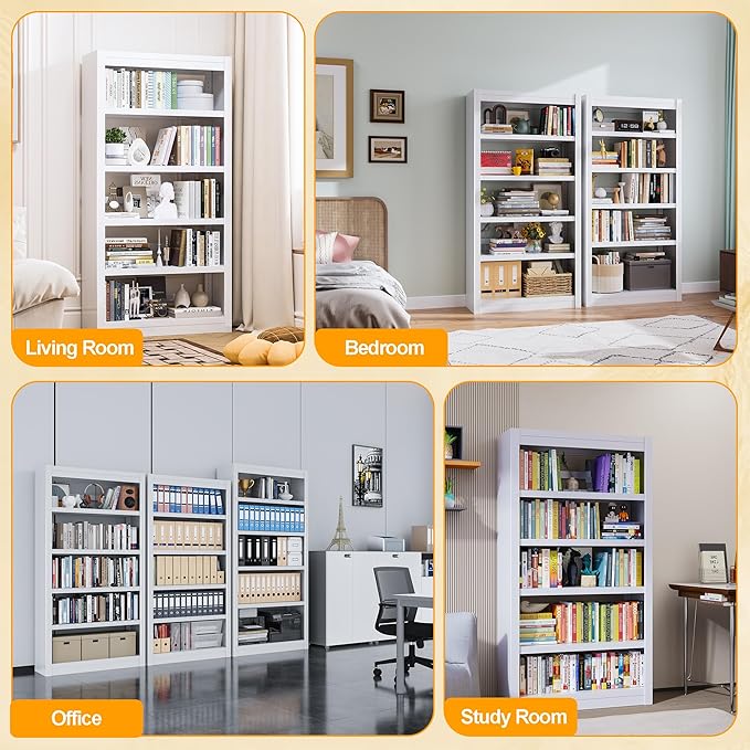 Metal Bookshelf, 5-Tier Bookcase with Adjustable Storage Shelves, White Book Shelf with Book Stopper, Modern Bookshelf for Living Room, Library, Home, Office