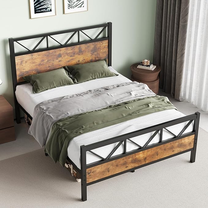 Full Size Bed Frame, Full Bed Frame with 51.2" Tall Industrial Headboard, Full Platform Bed Frame with Strong Steel Slats Support, Noise Free, No Box Spring Needed, Easy Assembly, Rustic Brown
