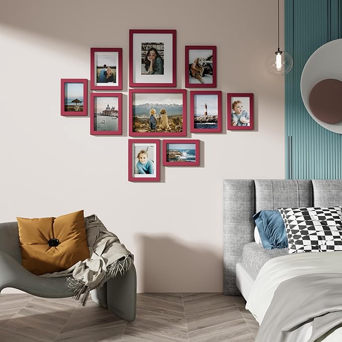 Vittanly 10 Pack Picture Frames Collage Wall Decor, Gallery Frame Set for Wall Mounting or Tabletop Display, Multi Sizes Including 2pcs 8x10, 4pcs 5x7, 4pcs 4x6, Red
