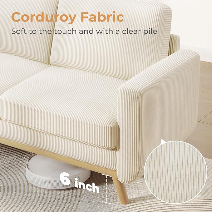 Vesgantti 68" Loveseat Sofa Beige, Comfy Corduroy Couch with Spring Cushion, Modern Sofa with Deep Seat, for Bedroom & Living Room