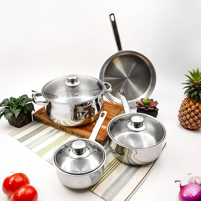 Tuxton Home Nevada 7 Piece Cookware set; Stainless Steel, PFTE & PFOA Free, Freezer to Oven Safe, Induction Compatible; 1QT & 2QT Saucepans, 5QT Dutch Oven, 10" Open Frypan