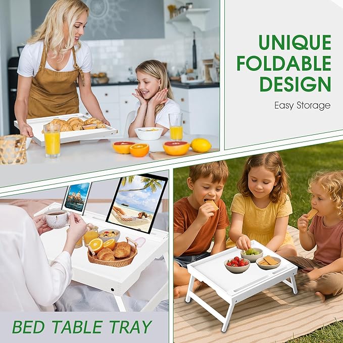 Bed Tray Table with Foldable Legs, Breakfast Food Trays for Eating on Couch with Media Slot for Bed, Eating, TV Tray, Kitchen Serving Tray(White, Medium)