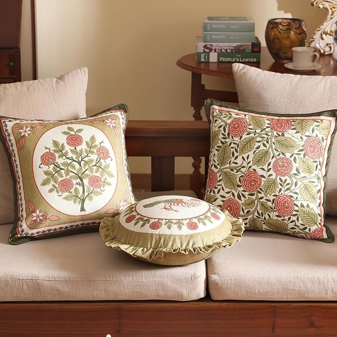 Throw Pillow Covers Pack of 4,Brown Cozy Velvet Farmhouse with Birds and Floral Pattern Pillowcases,Decoration Square Round Lumbar Pillows Cushion Covers for Couch Sofa Bed Car Chair