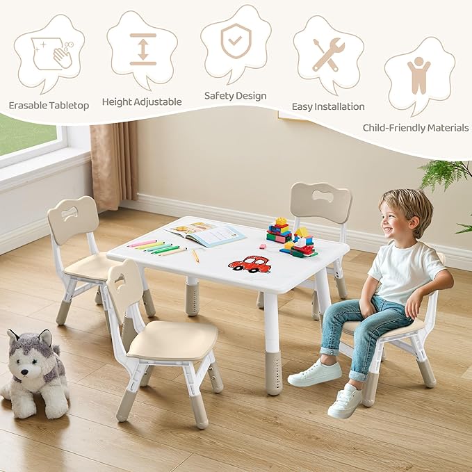 Toddler Table and 4 Chairs Set, Height Adjustable Kids Table and Chairs, 31.5''L x 23.6''W, Marble Pattern & Graffiti Desktop, Children Multi-Activity Table for Home/Daycare/Classroom