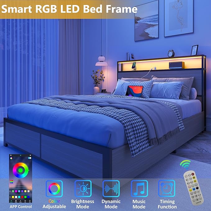 Lifezone Full Bed Frame with 2-Tier Storage Headboard, Metal Platform Bed Frame with 4 Storage Drawers, Built in Charging Station & LED, Noise-Free/Metal Support/No Box Spring Needed, Beige