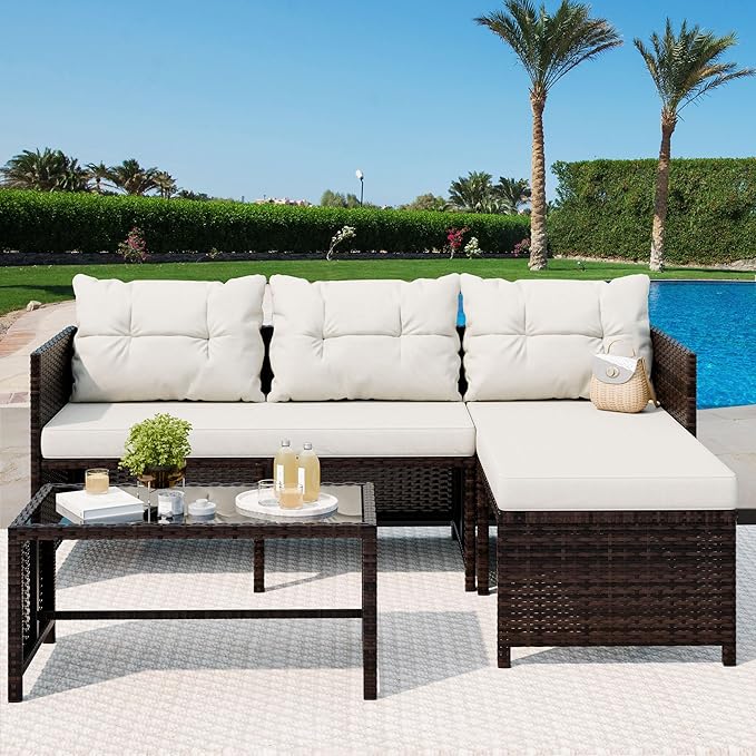 Vongrasig 3 Piece Patio Furniture Sets, All-Weather PE Wicker Outdoor Sofa Couch Sectional Set, Small Conversation Set for Garden/Patio w/Cushion, Glass Table, (Beige)