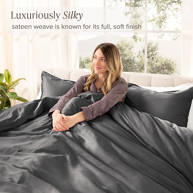 Bare Home 100% Organic Cotton Sateen Duvet Cover Set - Twin/Twin Extra Long - 400 Thread Count - Smooth Sateen Weave - Warm & Luxurious - Duvet Cover (Twin/Twin XL, Grey)