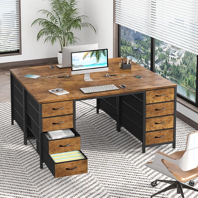 50 Inch Computer Desk with 8 Drawers, Home Office Desk with Power Outlets, Work Study Gaming Desk with 8 Fabric Drawers, Rustic Brown
