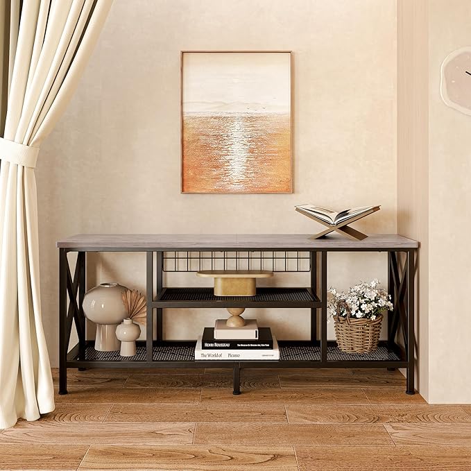 Gizoon TV Stand for 55-65 Inch TVs, 3-Tier Industrial Media Entertainment Center with Open Shelves, Metal Frame, 59.8'' Solid Wood Table top for Living Room, Bedroom, Office, Grey