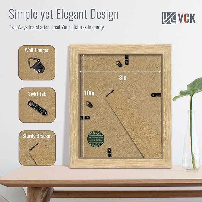 VCK 8x10 Picture Frame Set of 4 - Oak, Gallery-Quality Wood Poster Frames, 1.1-Inch Wide Border, Polished Plexiglass, Vertical or Horizontal Wall & Tabletop Display for Photo/Art/Prints, Natural Oak