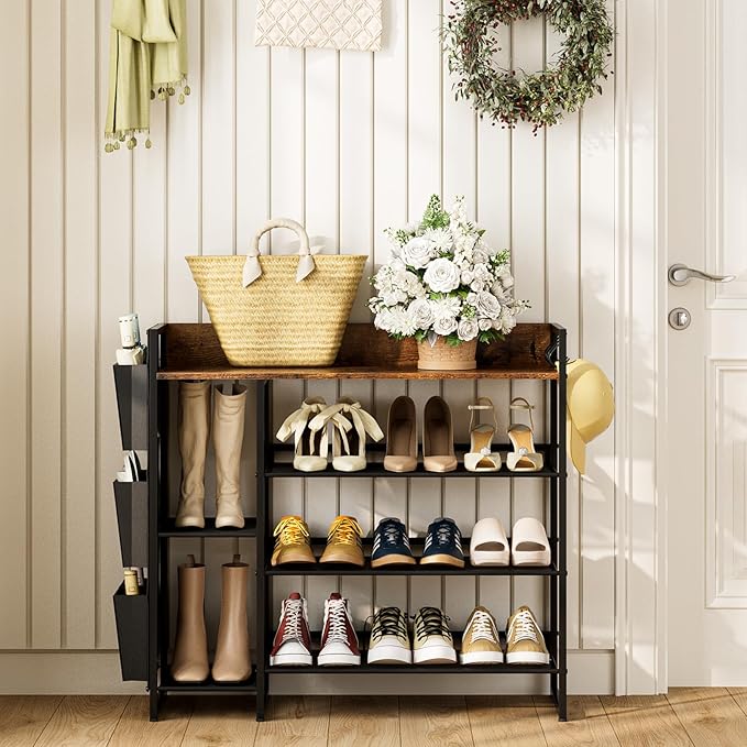 Shoe Racks Bench,Shoe Organizer with Bench for Closet- Free Standing Boot and Shoe Rack with Storage Bag for High Heels, Entryway, Hallways, Closets, Dormitory Rooms,Brown 4-Tier