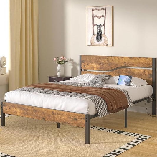 VECELO Queen Size Platform Bed Frame with USB Charging Station and Wood Storage Headboard, Heavy Duty Metal, Large Storage, Noise-Free, No Box Spring Needed, Easy Assembly, Rustic Brown