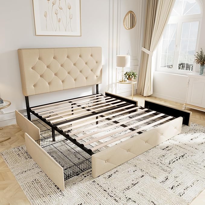 Allewie Upholstered Full Size Platform Bed Frame with 4 Storage Drawers and Headboard, Diamond Stitched Button Tufted, Mattress Foundation with Wooden Slats Support, No Box Spring Needed, Beige