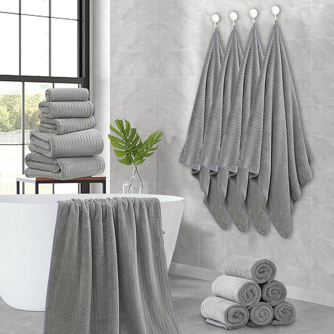 18 Piece Family Bath Towel Set Include 6 Bath Towels,6 Hand Towels and 6 Washcloths Soft Bathroom Towel with Hanging Loops,Highly Absorbent Quick Dry Towels Set for Bathroom,Hotel and Spa-Grey