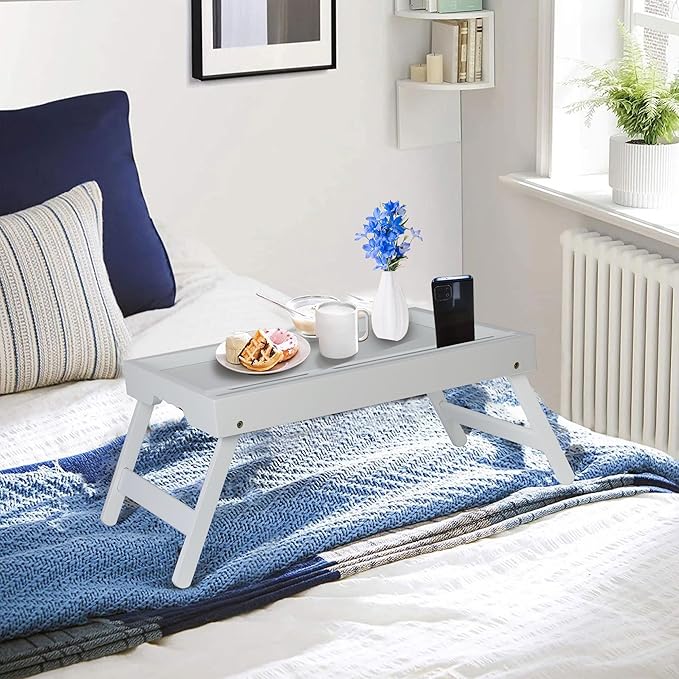 Bed Tray Table with Foldable Legs, Breakfast Food Trays for Eating on Couch with Media Slot for Bed, Eating, TV Tray, Kitchen Serving Tray(White, Medium)