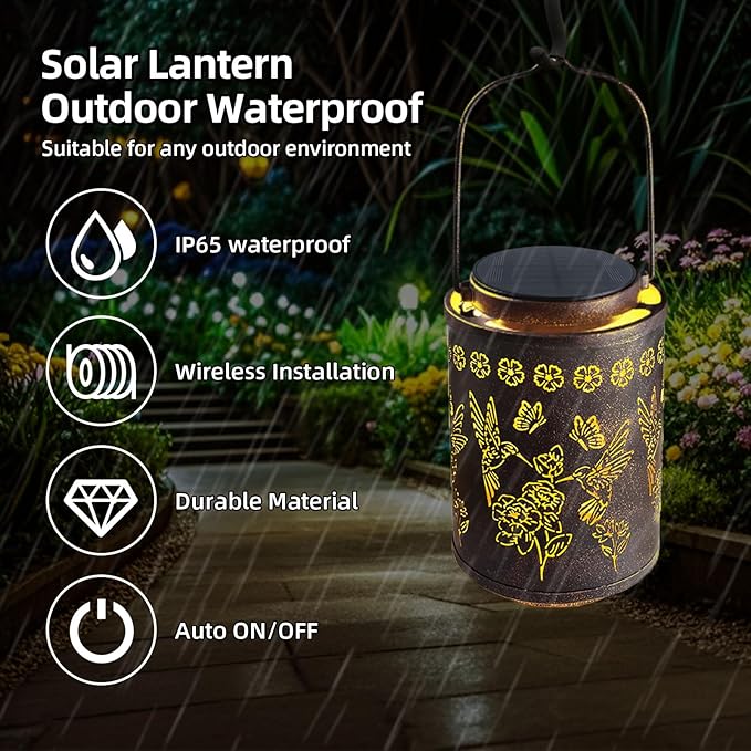 Upgraded Solar Hummingbird Lights for Outside Garden Decor Gifts for Women Mom Grandma, Metal Hanging Solar Lanterns Outdoor Waterproof with Copper Finish Lantern for Patio, Yard, Porch, Pathway