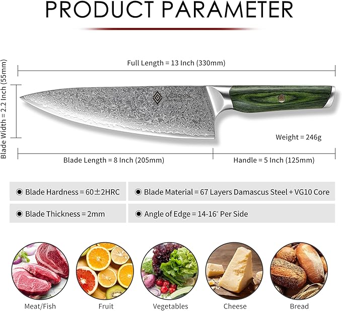 VEROXIS Damascus Chef Knife 8 Inch, Professional Japanese Kitchen Knives Sharp High Carbon Super Steel with Ergonomic Pakkawood Handles, Elegant Gift Box Packaging