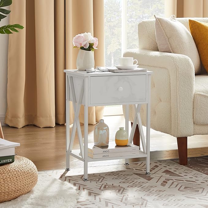 VECELO Nightstand,Modern Bedside End Table, Night Stand with Drawer and Storage Shelf for Living Room Bedroom, Industrial Metal Frame