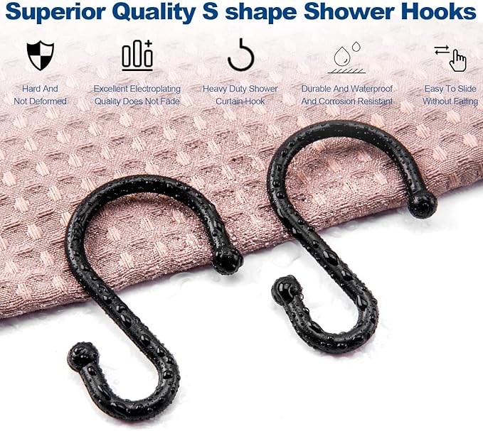 Shower Curtain Hooks Rings, Stainless Steel S Shaped Shower Hooks Rust Proof, Metal Shower Curtain Hangers for Shower Curtains, Kitchen, Wardrobe & Garden, Matte Black, Set of 12