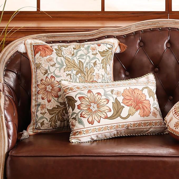 Throw Pillow Covers Pack of 4,Orange Floral Farmhouse with Wild Flowers Pattern Cozy Velvet Pillowcases,Decoration Square Lumbar Round Pillows Cushion Covers for Couch Bed Chair