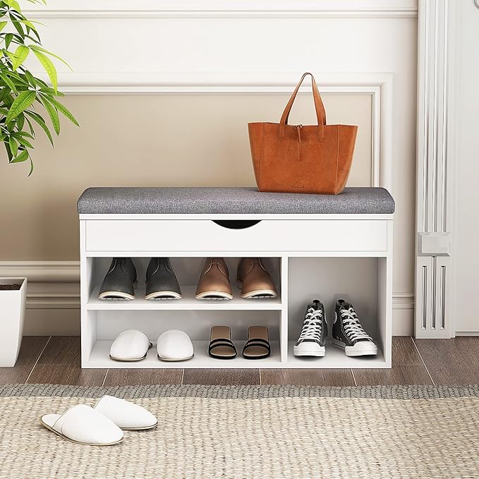 WelFurGeer Shoe Bench with Storage, White Shoe Storage Bench, Entryway Bench with Storage, Entryway Shoe Storage Bench White + Gray