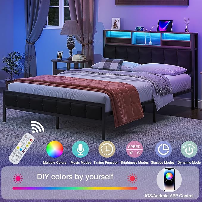 VECELO Farmhouse Metal Bed Frame Full Size with Wooden Headboard & Footboard, Solid Platform Mattress Foundation with Storage, LED Light, Charging Station, USB Ports, Noise-Free, Easy Assembly, Black