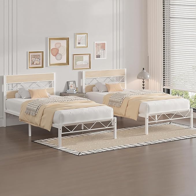 VECELO 2 Twin Bed Frame Set Metal Platform with Wooden Headboard, Heavy-Duty Metal Slats Support, No Box Spring Needed, Non-Slip, Noise Free, Easy Assembly, White & Natural