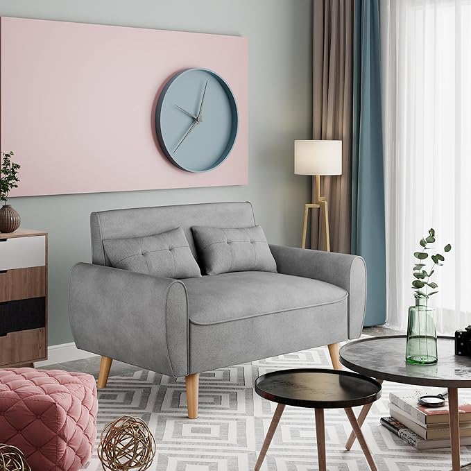 Vongrasig 47" Small Modern Loveseat Sofa, Mid Century Linen Fabric 2-Seat Sofa Couch Tufted Love Seat with Back Cushions and Tapered Legs for Living Room, Bedroom and Small Space (Light Gray)