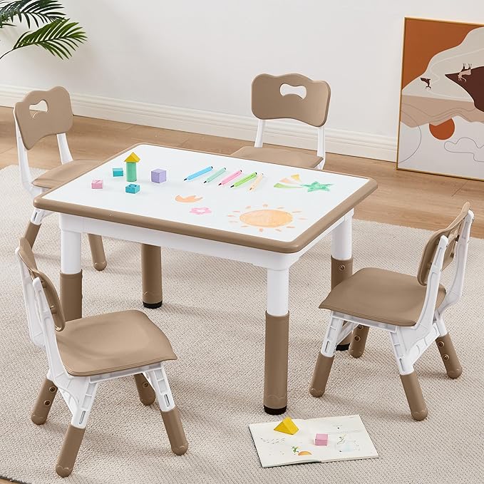 Adjustable Kids Table Chairs Set – Graffiti Desktop, Multi-Activity Height-Adjustable Toddler Study Desk for Ages 3-8 – Ideal for Home, Classroom, Daycare (B-Darkbrown, 4 Chairs-31.5" L x 23.6" W)