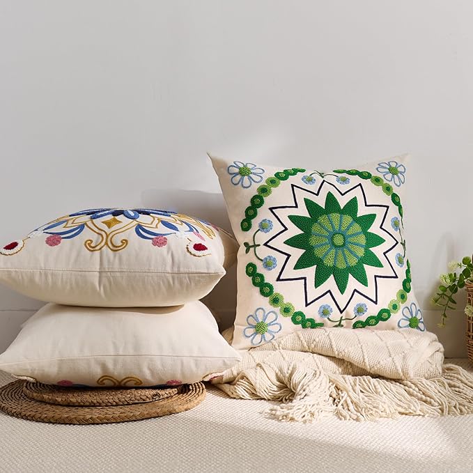 Embroidered Throw Pillow Cover 18x18 Classic Boho Floral Pattern Pillows Cover Outdoor Decorative Pillowcase,Durable Cozy Textured Cushion Case for Sofa Couch Bed Living Room,Green