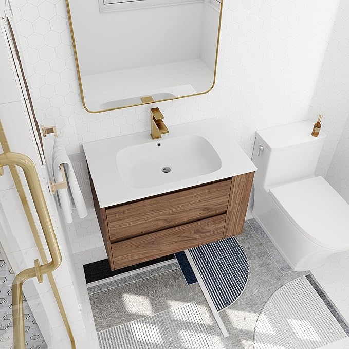 Goujxcy 30" Wall Mounted Bathroom Vanity with Sink, Modern Floating Bathroom Cabinet with White Gel Basin and Storage Drawer/Adjustable Side Shelf, Soft-Closing Door Wood Hanging Bath Room Cabinet