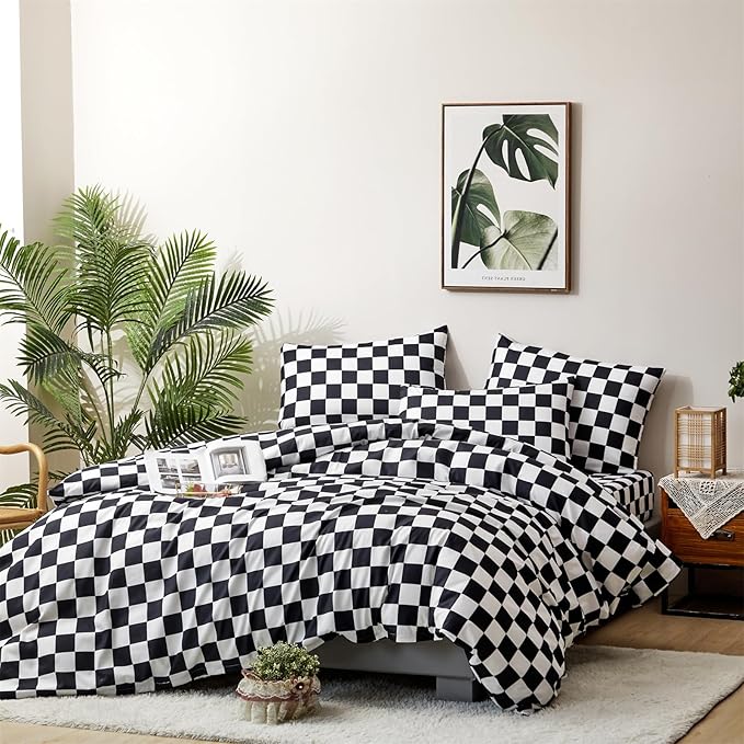 Black and White Checkered Comforter Set Full Comforter Set 3 Pieces Comforter Set Lightweight and Soft All-Season Comforter with 1 Comforter and 2 Pillowcases