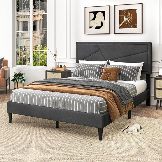 Giantex Full Size Platform Bed Frame, Modern Upholstered Bed Frame with Geometric Tufting Headboard, Wooden Slats Support, No Box Spring Needed, Gray