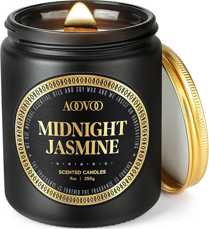 AOOVOO Scented Candles for Men - Midnight Jasmine Candles for Home Scented | Crackling Wood Wick Soy Wax| Strong Fragranced Masculine Black Gift for Women & Men, 9oz