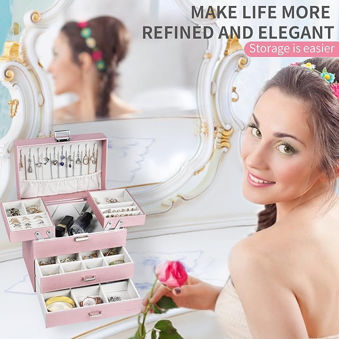 Dajasan Jewelry Boxes for Women Girls, Jewelry Storage Organizer, 4 Layers Large Jewelry Organizer Box with 2 Drawers for Friends, Wife or Mother Gift (Pink)