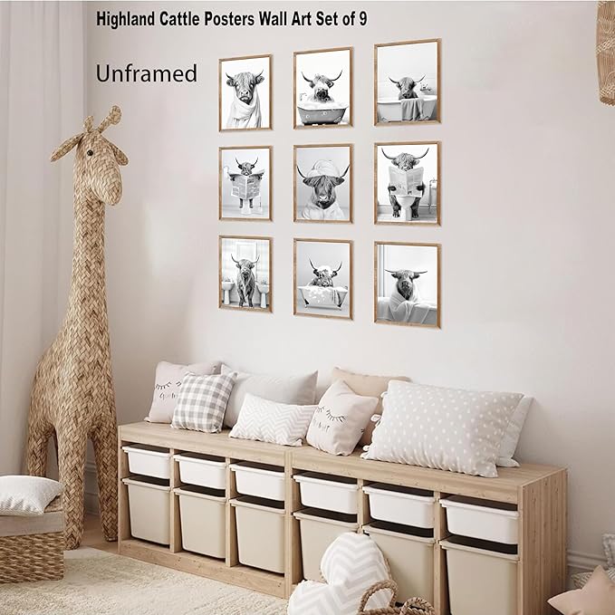 SEHSUVC Funny Bathroom Cow Posters Wall Art Set of 9, Black and White Highland Cow Canvas Wall Decor Painting, Humor Animals Pictures Prints for Bedroom Bathroom Childrenroom 8x10In Unframed