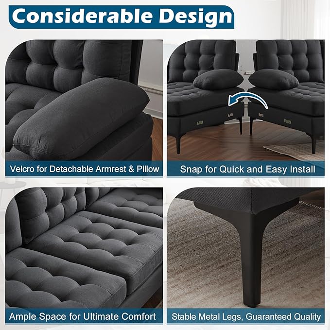 VINGLI 110" Modern U Shaped Sectional Sofa Couch with 51" D Double Chaise for Living Room, Large Tufted Button Couch Sets with 5.9" Thickness Seating Padding for Small Spaces (Grey,Tufted Button)