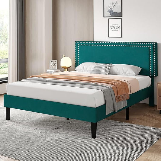 VECELO Bed Frame Queen Size with Adjustable Upholstered Headboard, Wooden Slats Platform, Noise-Free Design, Easy Assembly