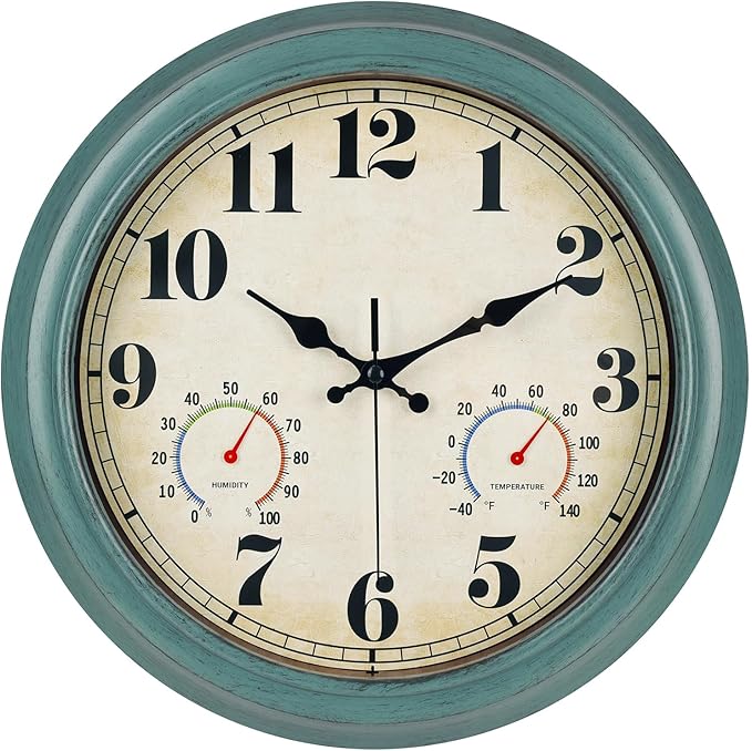 zyzamay 13 Inch Outdoor Clock with Thermometer and Hygrometer, Waterproof and Silent, Large Easy-to-Read Numbers, Ideal for Bedroom,Office,Living Room,Porch,Garden,Pool(Green)