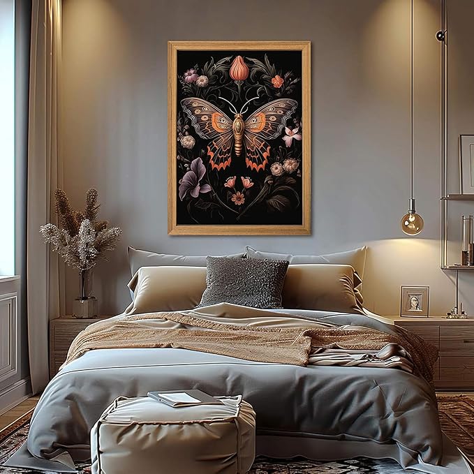 Framed Vintage 3D Textured Wall Art - Gothic Butterfly Wall Decor - Hand Drawn Sandstone Nature Botanical Pictures for Living Room Bedroom Home Decor 24x36in