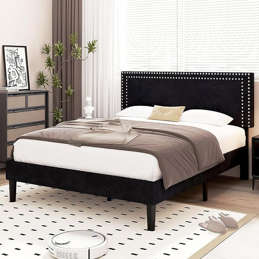 VECELO Queen Size Bed Frame with Adjustable Upholstered Headboard, Wooden Slats Platform, Noise-Free Design, No Box Spring Needed, Easy Assembly