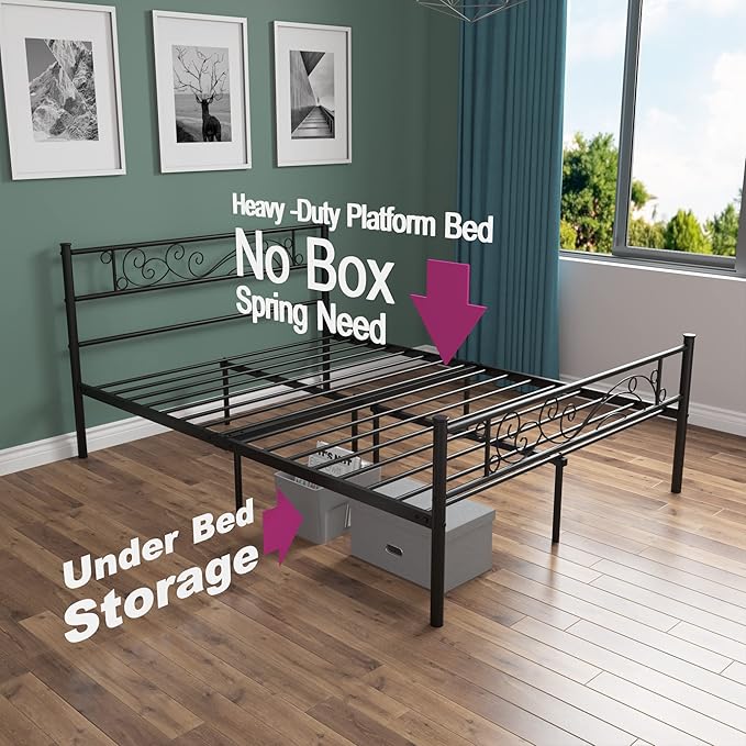 Weehom Full Size Platform Bed with Unique Flower Design Mattress Foundation Strong Metal Slats Support,Easy Assembly Black