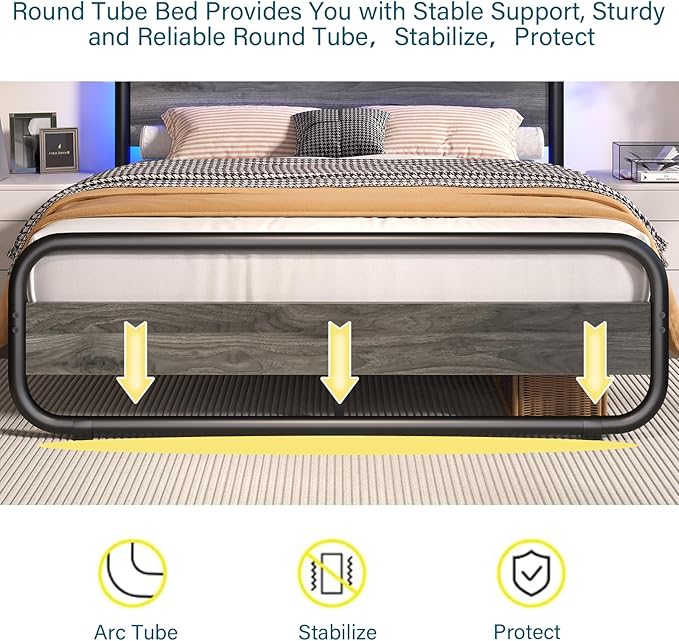 Catrimown Twin Size Bed Frame with LED Light and Wood Headboard, Heavy Duty Metal Rustic Platform Bed Frame with Under Bed Storage, Noise Free, No Box Spring Needed, Wash Gray