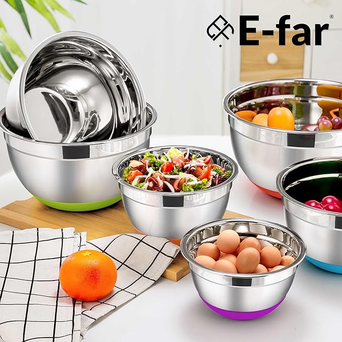 E-far Stainless Steel Mixing Bowls with Lids Set, 5-Piece Nesting Salad Bowls with 3 Grater Attachments and Non-Slip Bottoms, Size 4.6, 2.6, 2, 1.5, 1QT for Kitchen (Colorful)