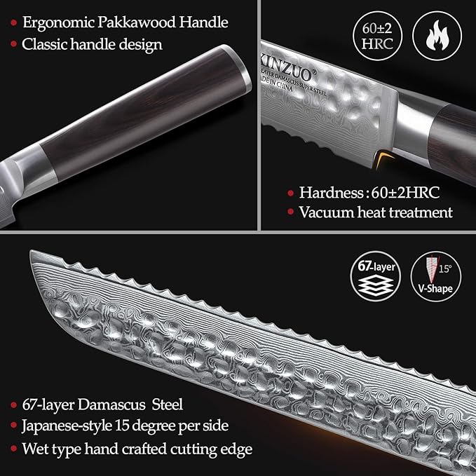 XINZUO 67 Layers Damascus Bread Cutting Knife, 8 Inch Serrated Bread Knife for Homemade Bread Sourdough,Razor Sharp,Dark Brown Pakkawood Handle