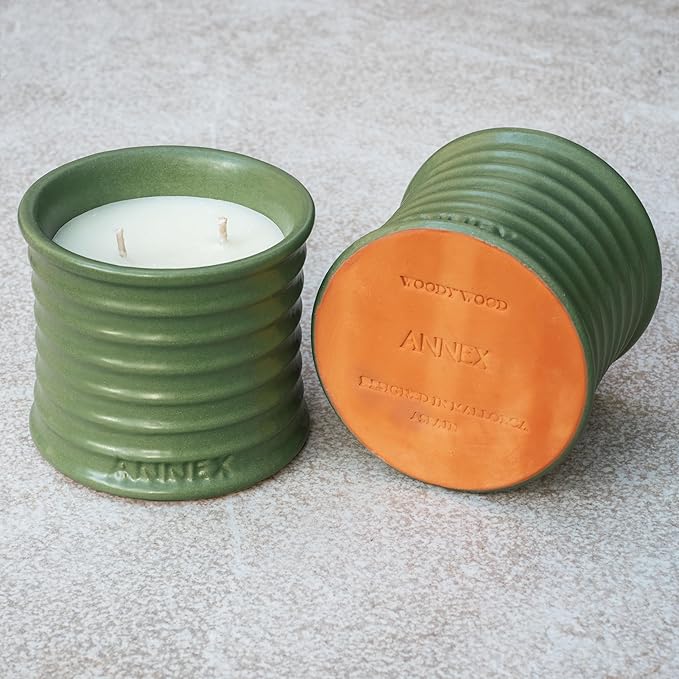 Scented Luxury Candles in Handmade Ceramic Jars, Soy Wax | Woody Wood – Oud & Agarwood, Large Candle | Non Toxic, 2 Wicks, Reusable Big Olive Green Jar | Natural Spring Aromatherapy for Women & Men