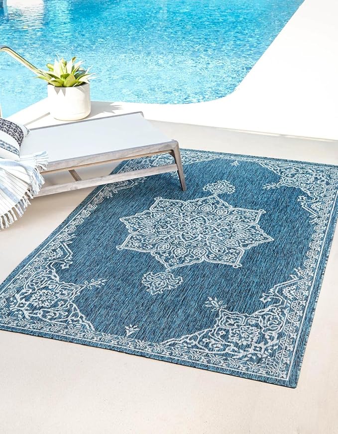 Unique Loom Outdoor Traditional Collection Area Rug - Antique (10' x 13' 1" Rectangle Teal/Ivory)